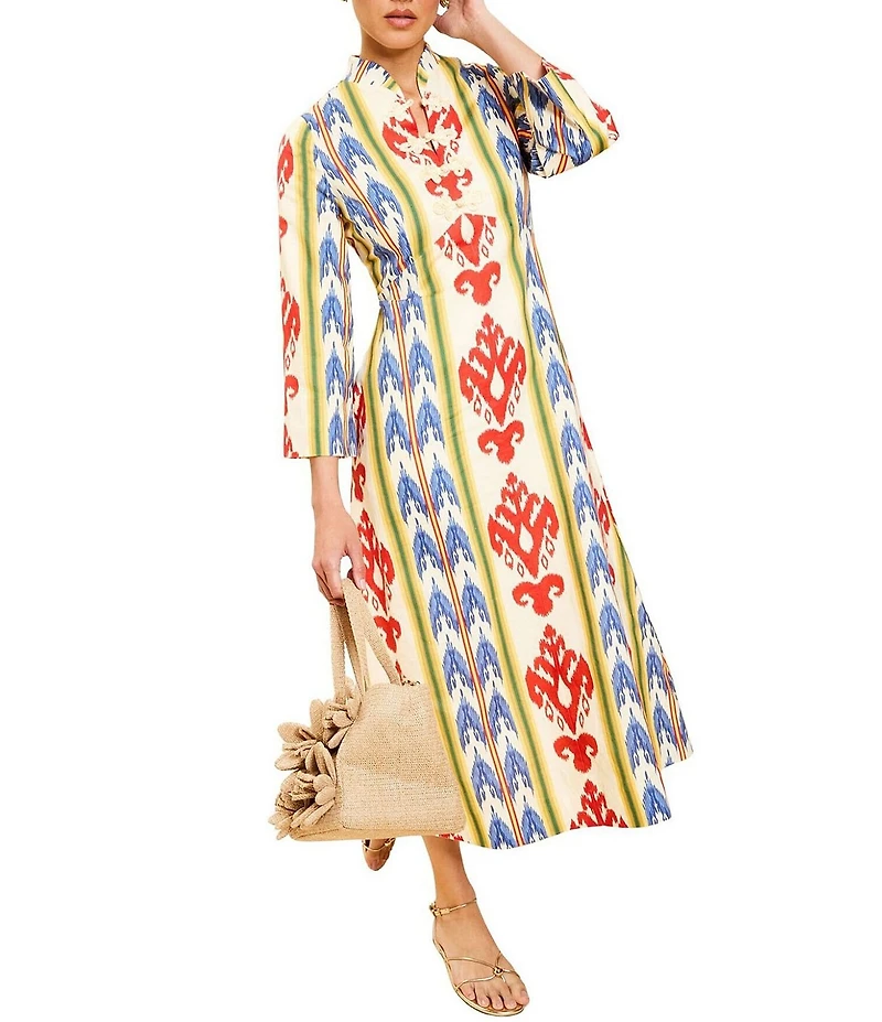 Mestiza New York Shoshi Linen-Blend Ikat Motif Split V-Neck 3/4 Sleeve Midi Dress