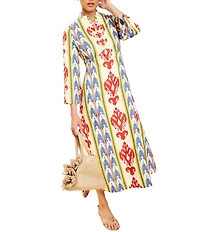 Mestiza New York Shoshi Linen-Blend Ikat Motif Split V-Neck 3/4 Sleeve Midi Dress