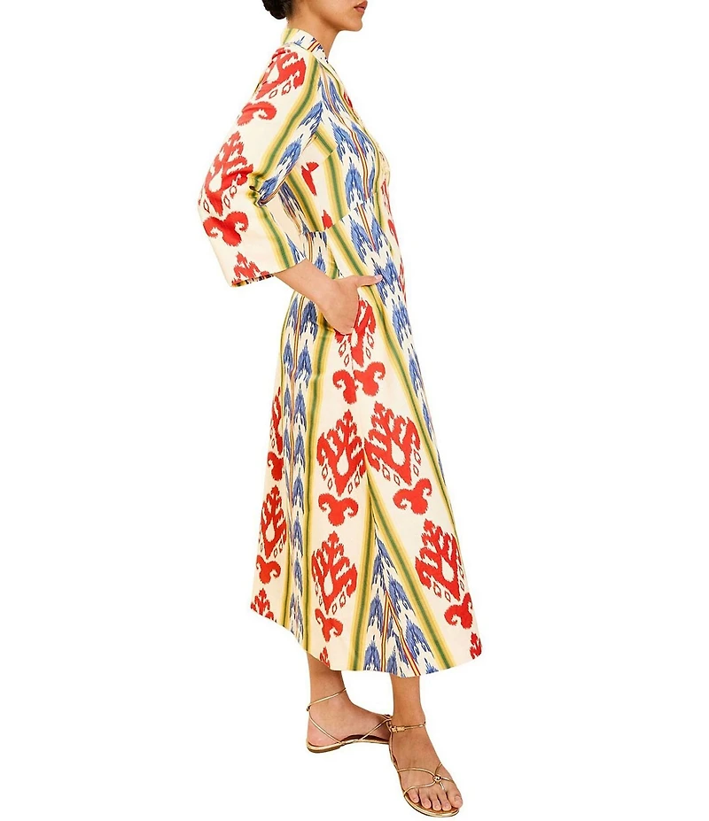 Mestiza New York Shoshi Linen-Blend Ikat Motif Split V-Neck 3/4 Sleeve Midi Dress