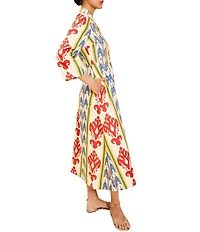 Mestiza New York Shoshi Linen-Blend Ikat Motif Split V-Neck 3/4 Sleeve Midi Dress