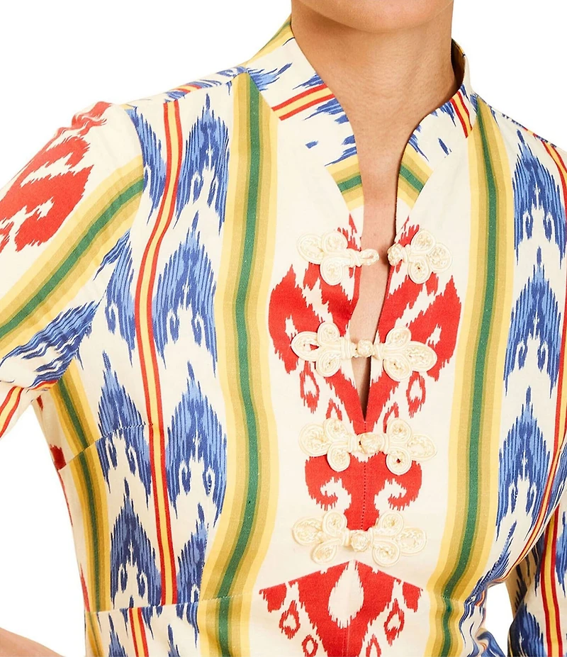 Mestiza New York Shoshi Linen-Blend Ikat Motif Split V-Neck 3/4 Sleeve Midi Dress