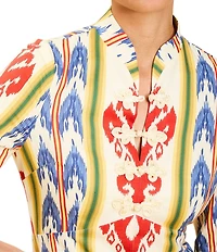 Mestiza New York Shoshi Linen-Blend Ikat Motif Split V-Neck 3/4 Sleeve Midi Dress