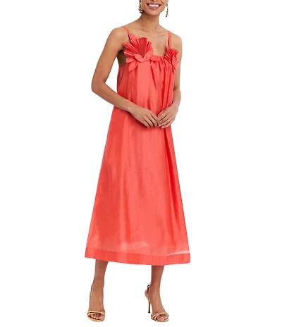 Mestiza New York Solenn Linen Organza Scoop Neck Sleeveless Floral Appliques Midi Dress