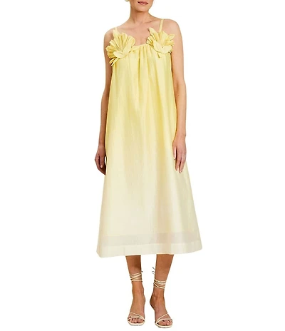 Mestiza New York Solenn Organza Linen 3D Shell Applique Ombre Midi Dress