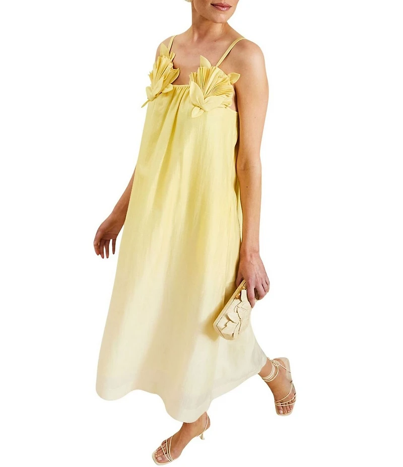 Mestiza New York Solenn Organza Linen 3D Shell Applique Ombre Midi Dress