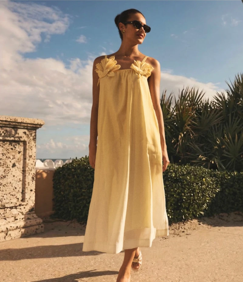 Mestiza New York Solenn Organza Linen 3D Shell Applique Ombre Midi Dress