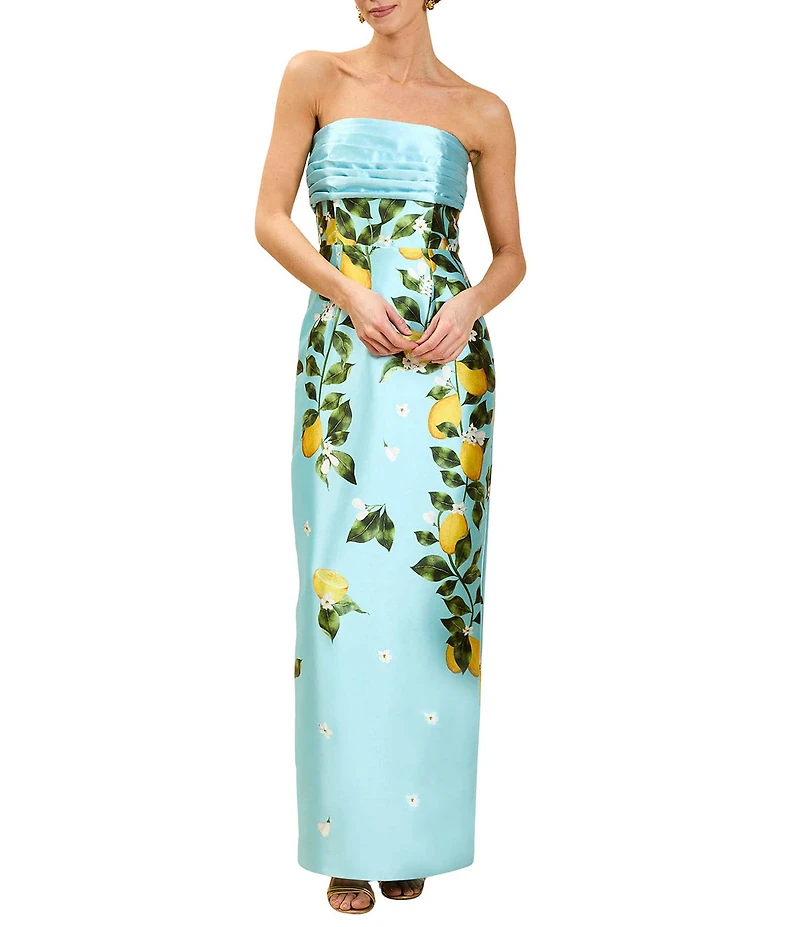 Mestiza New York Solstice Sorrento Citrus Strapless Sleeveless Back Bow Column Long Gown
