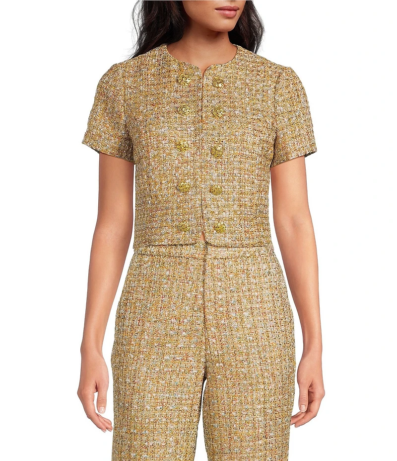 Mestiza New York Tessa Coordinating Metallic Tweed Round Neck Short Sleeve Cropped Top