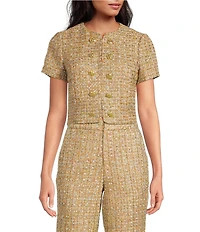 Mestiza New York Tessa Coordinating Metallic Tweed Round Neck Short Sleeve Cropped Top