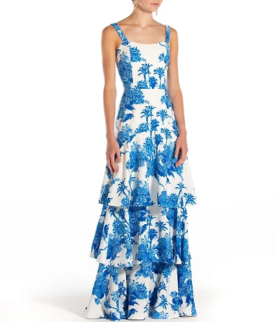 Mestiza New York Torero Tropical Palm Toile Print Square Neck Shoulder Strap Tiered Ruffled Maxi Dress