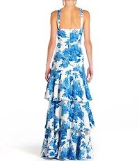 Mestiza New York Torero Tropical Palm Toile Print Square Neck Shoulder Strap Tiered Ruffled Maxi Dress
