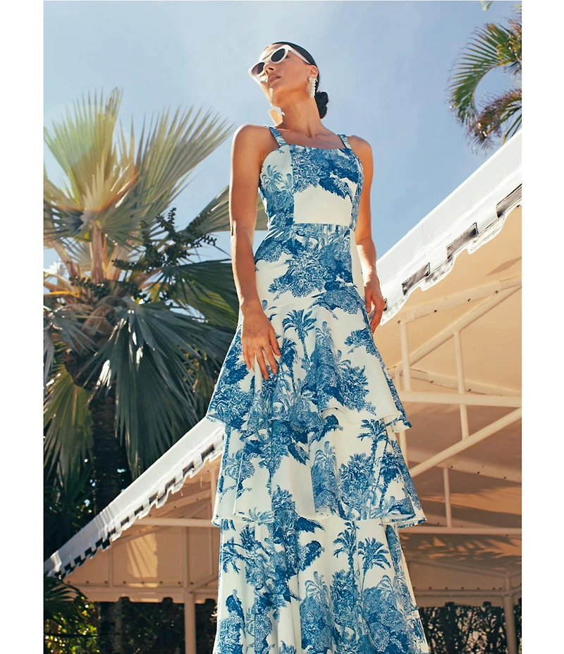 Mestiza New York Torero Tropical Palm Toile Print Square Neck Shoulder Strap Tiered Ruffled Maxi Dress