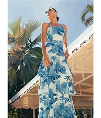 Mestiza New York Torero Tropical Palm Toile Print Square Neck Shoulder Strap Tiered Ruffled Maxi Dress