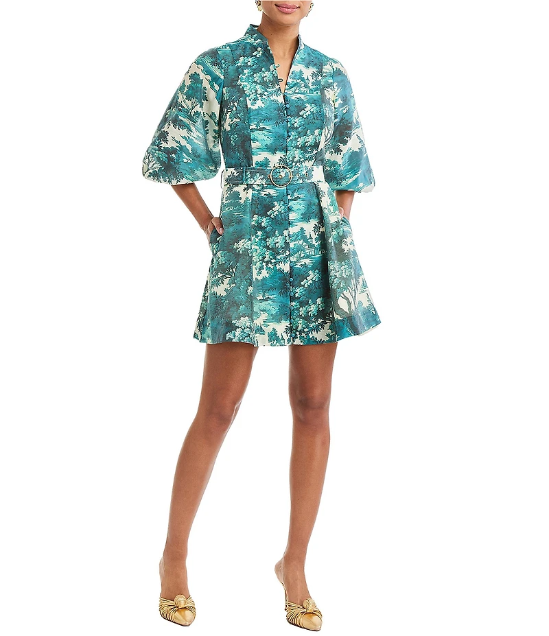 Mestiza New York Valencia Ceramic Toile Linen Organza Blend Mandarin Collar 3/4 Sleeve Belted Mini Dress