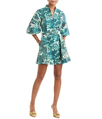 Mestiza New York Valencia Ceramic Toile Linen Organza Blend Mandarin Collar 3/4 Sleeve Belted Mini Dress
