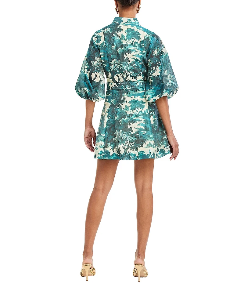 Mestiza New York Valencia Ceramic Toile Linen Organza Blend Mandarin Collar 3/4 Sleeve Belted Mini Dress