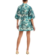 Mestiza New York Valencia Ceramic Toile Linen Organza Blend Mandarin Collar 3/4 Sleeve Belted Mini Dress
