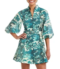 Mestiza New York Valencia Ceramic Toile Linen Organza Blend Mandarin Collar 3/4 Sleeve Belted Mini Dress
