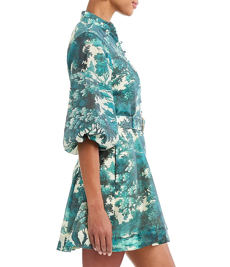 Mestiza New York Valencia Ceramic Toile Linen Organza Blend Mandarin Collar 3/4 Sleeve Belted Mini Dress