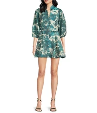 Mestiza New York Valencia Ceramic Toile Linen Organza Blend Mandarin Collar 3/4 Sleeve Belted Mini Dress