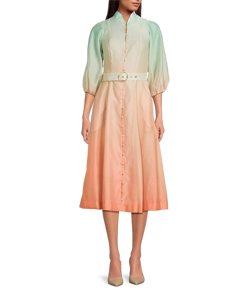 Mestiza New York Valencia Linen Blend Ombre Mandarin Collar 3/4 Butterfly Sleeve Belted Midi Dress