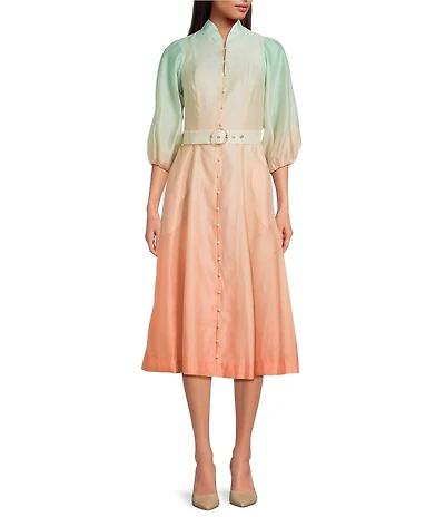 Mestiza New York Valencia Linen Blend Ombre Mandarin Collar 3/4 Butterfly Sleeve Belted Midi Dress
