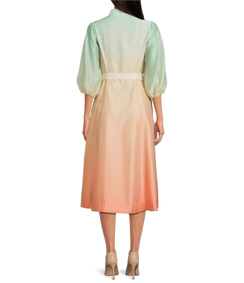 Mestiza New York Valencia Linen Blend Ombre Mandarin Collar 3/4 Butterfly Sleeve Belted Midi Dress