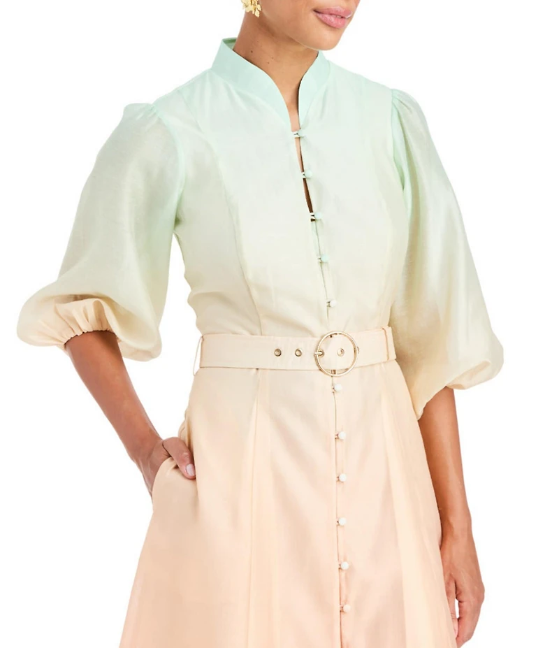 Mestiza New York Valencia Linen Blend Ombre Mandarin Collar 3/4 Butterfly Sleeve Belted Midi Dress