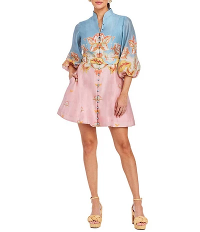 Mestiza New York Valencia Linen Blend Placement Print Mandarin Collar 3/4 Balloon Sleeve Fit & Flare Mini Dress