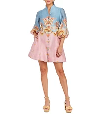 Mestiza New York Valencia Linen Blend Placement Print Mandarin Collar 3/4 Balloon Sleeve Fit & Flare Mini Dress