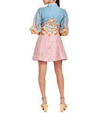 Mestiza New York Valencia Linen Blend Placement Print Mandarin Collar 3/4 Balloon Sleeve Fit & Flare Mini Dress