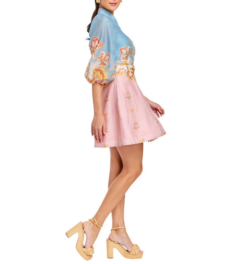 Mestiza New York Valencia Linen Blend Placement Print Mandarin Collar 3/4 Balloon Sleeve Fit & Flare Mini Dress