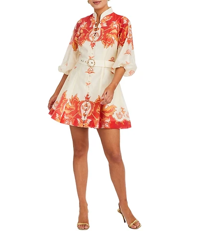 Mestiza New York Valencia Linen Blend Printed Organza Mandarin Collar Elbow Sleeve Belted Mini Dress