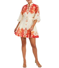 Mestiza New York Valencia Linen Blend Printed Organza Mandarin Collar Elbow Sleeve Belted Mini Dress