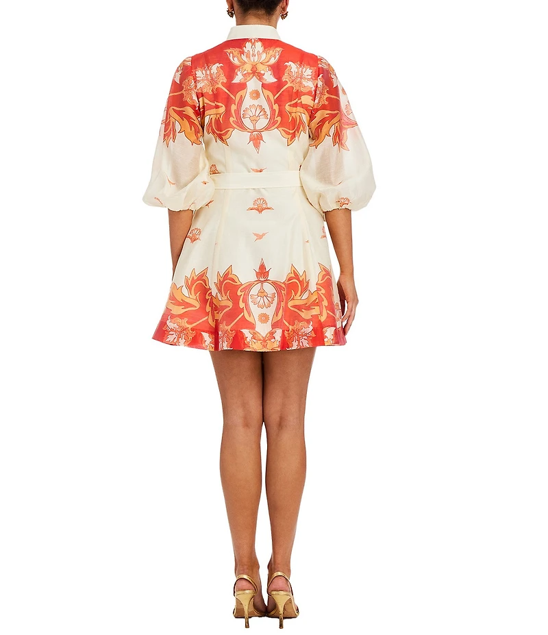 Mestiza New York Valencia Linen Blend Printed Organza Mandarin Collar Elbow Sleeve Belted Mini Dress