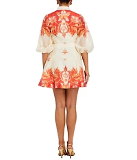 Mestiza New York Valencia Linen Blend Printed Organza Mandarin Collar Elbow Sleeve Belted Mini Dress