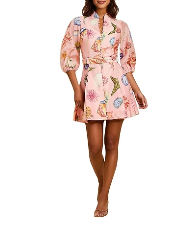 Mestiza New York Valencia Linen Organza Blend Seashell Print Mandarin Collar 3/4 Balloon Sleeve Belted Mini Dress