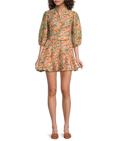 Mestiza New York Valencia Organza Fan Print Mandarin Collar Elbow Sleeve Dress