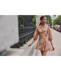 Mestiza New York Valencia Organza Fan Print Mandarin Collar Elbow Sleeve Dress