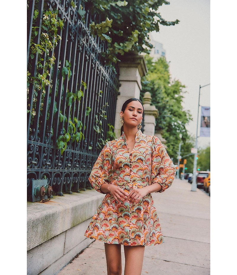 Mestiza New York Valencia Organza Fan Print Mandarin Collar Elbow Sleeve Dress