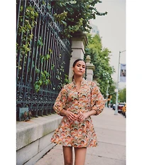 Mestiza New York Valencia Organza Fan Print Mandarin Collar Elbow Sleeve Dress