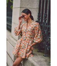 Mestiza New York Valencia Organza Fan Print Mandarin Collar Elbow Sleeve Dress