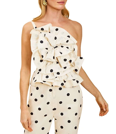 Mestiza New York Vina Coordinating Polka Dot One Shoulder 3D Floral Sleeveless Peplum Top
