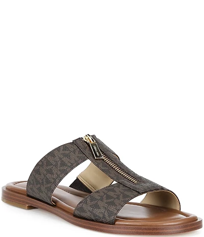 Michael Kors Berkley Signature Logo Leather Zip Slide Sandals