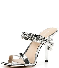 Michael Kors Bianca Leather Curbed Chain Hardware High Heel Slide Sandals