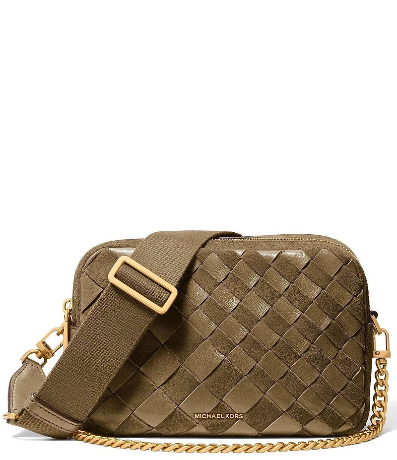 Michael Kors Bryant Medium Double Zip Chain Woven Suede Camera Crossbody Bag