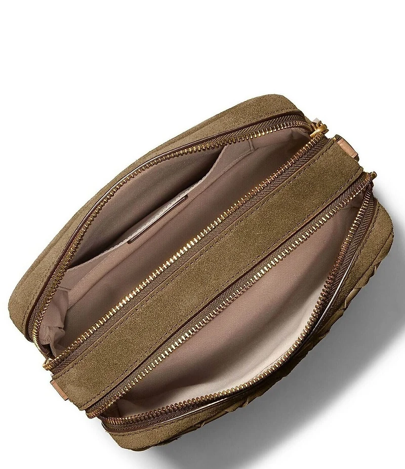 Michael Kors Bryant Medium Double Zip Chain Woven Suede Camera Crossbody Bag
