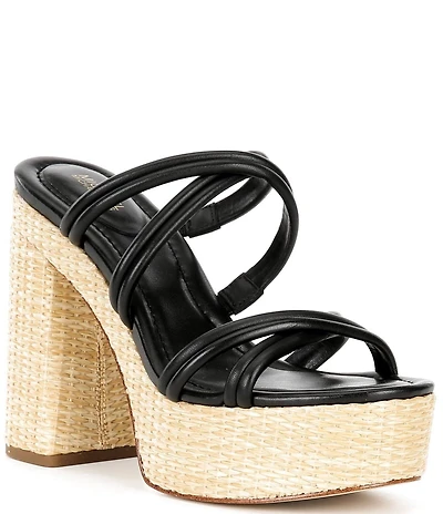 Michael Kors Corrine Nappa Leather Strappy Platform Raffia Slide Sandals