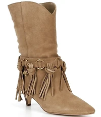 Michael Kors Daniela Fringe Suede Kitten Heel Mid Boots