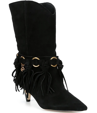 Michael Kors Daniela Fringe Suede Kitten Heel Mid Boots